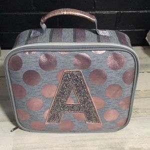 Justice cooler bag solver gray with lavender polka dots and glitter initial A